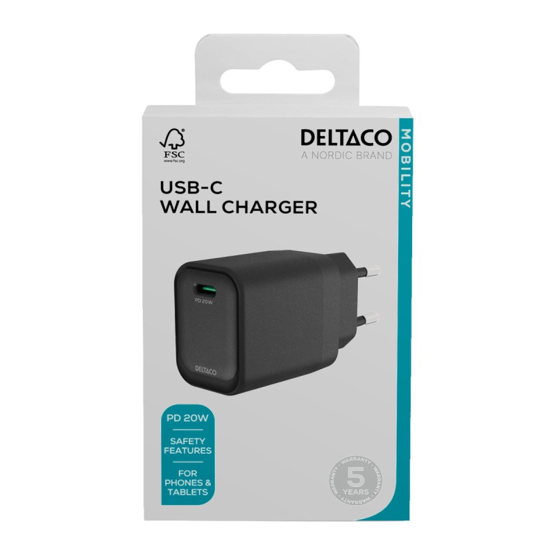 Deltaco Φορτιστής Τοίχου, 1x USB-C PD 20W Μαύρος USBC-AC151