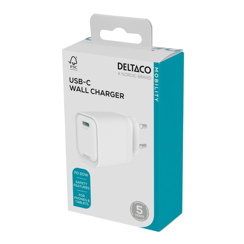 Deltaco Φορτιστής Τοίχου, 1x USB-C PD 20W Λευκός USBC-AC152