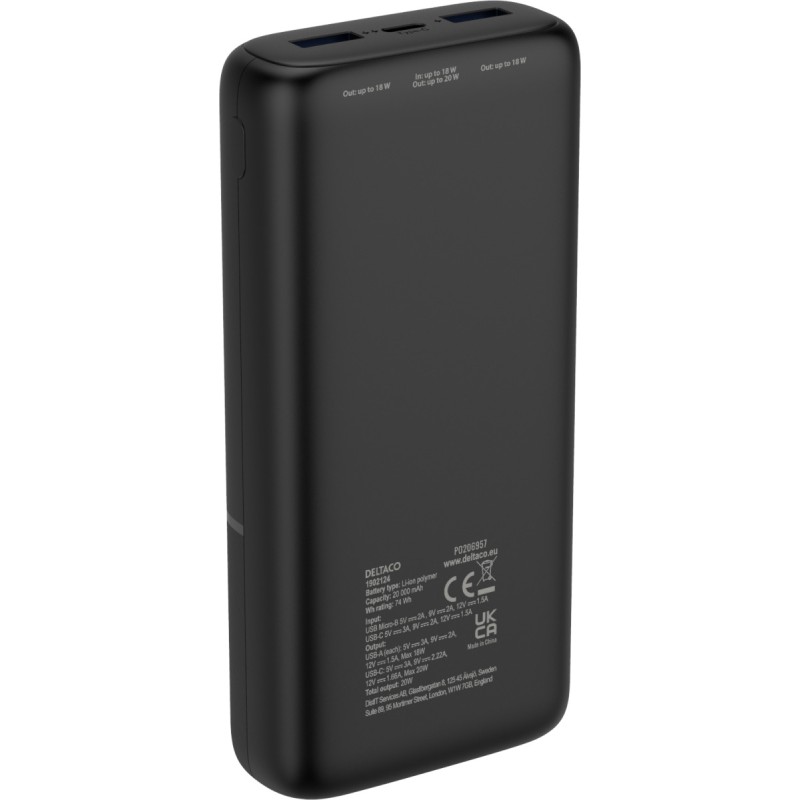 Deltaco Power bank 20.000 mAh , 2x USB-A 18W, 1x USB-C PD 20W Μαύρο PB-C1008