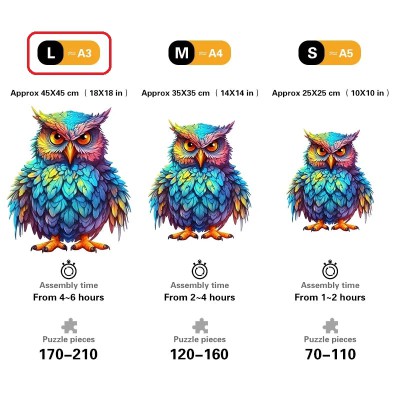 Quordlepuzzles Ξύλινο Puzzle Κουκουβάγια με Πολύχρωμα Φτερά LARGE 45x45cm 170-210 Κομμάτια T976-L(C)