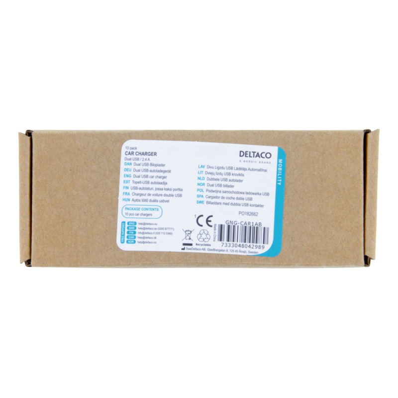 DELTACO Φορτιστής Αυτοκινήτου Dual USB, 2,4 A, 12V/24V, Black, GNG-CAR1AB
