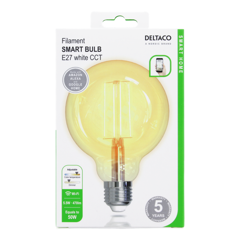 Deltaco Smart Home Λάμπα LED E27 WiFI 5.5W 1800K-6500K SH-LFE27G95