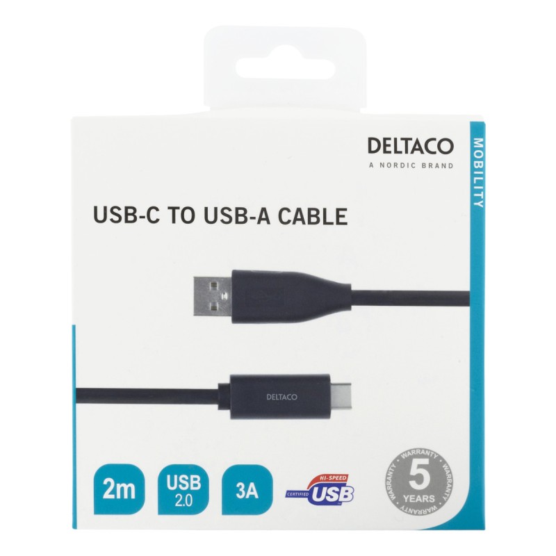 Deltaco Καλώδιο Φόρτισης USB-C σε USB-A , 2m, 3A, USB 2,0, Μαύρο USBC-1006M