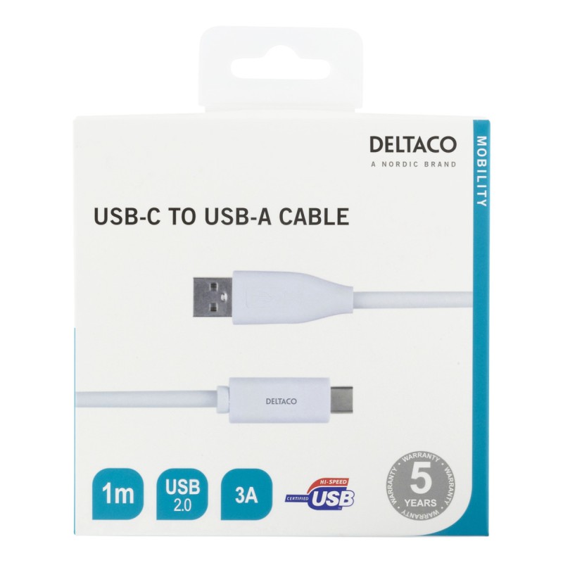 Deltaco Καλώδιο Φόρτισης USB-A σε Type C 3A , USB 2.0, 1m Λευκό USBC-1009M