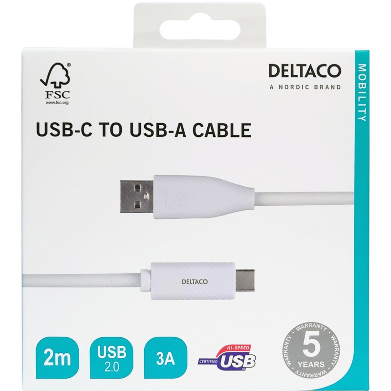 Deltaco Καλώδιο Φόρτισης USB-C σε USB-A cable, 2m, 3A, USB 2,0, Λευκό USBC-1011M