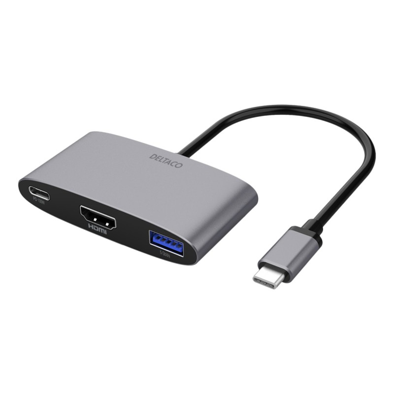 Deltaco Αντάπτορας USB-C σε HDMI/USB-A, 4K 60Hz, USB-C PD 3.0 100 W, Space Grey USBC-HDMI22