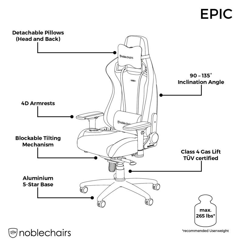 noblechairs EPIC Gaming Chair Breathable, 4D armrests, 60mm casters - black