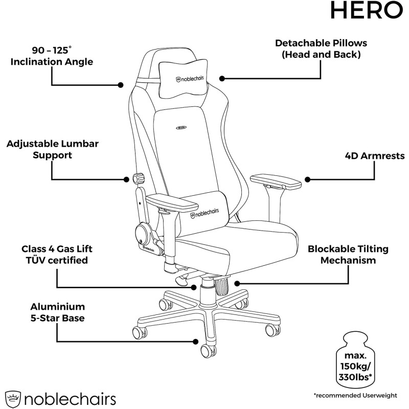 noblechairs HERO Pure Leather Gaming Chair - cold foam, steel armrests,  60mm casters, 150kg - black
