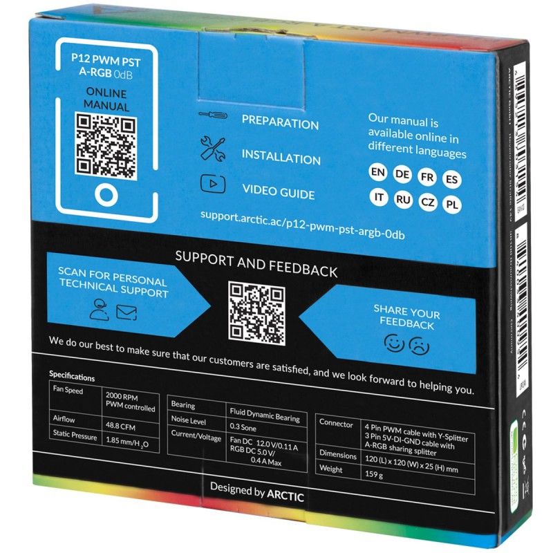 Arctic P12 PWM PST A-RGB - 3 Case Fans 0dB 120mm Pressure optimized PWM controlled speed with PST-A
