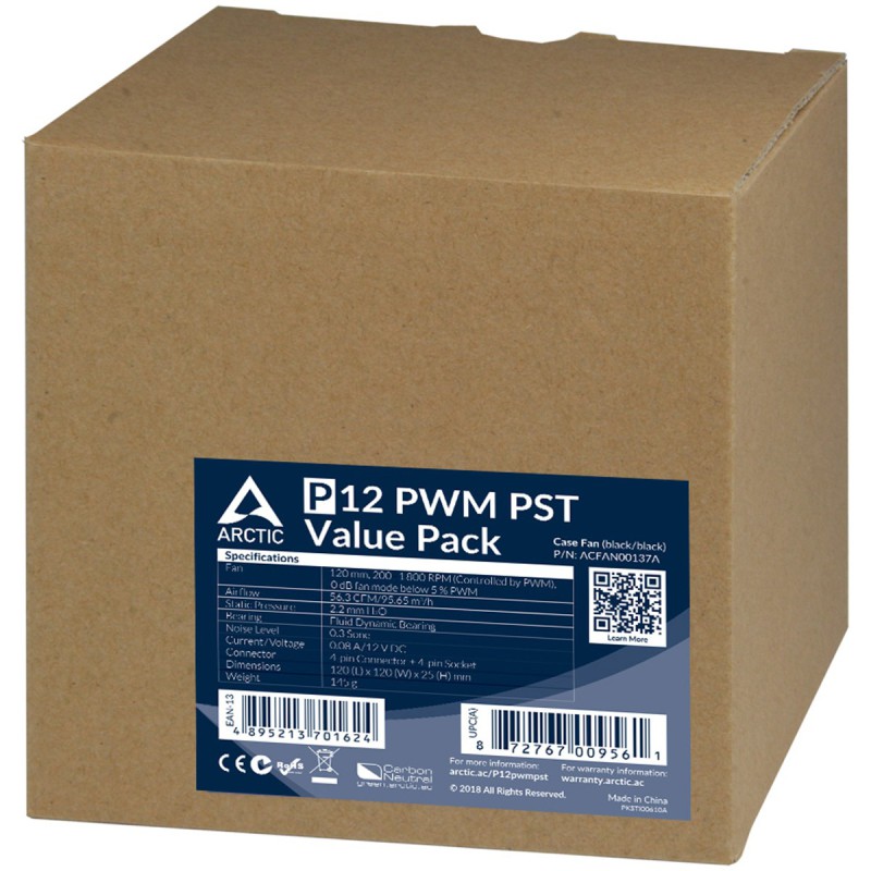 Arctic P12 PWM PST Case Fan - 120mm case fan with PWM control and PST cable - Pack of 5pcs