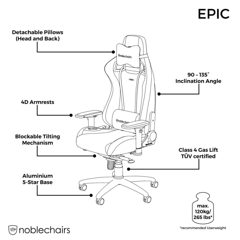 noblechairs EPIC Gaming Chair Breathable, 4D armrests, 60mm casters - black/gold
