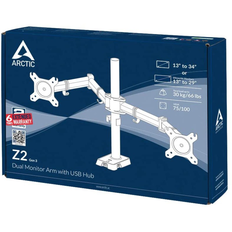Arctic Z2 (Gen 3) - Dual Monitor Arm with 4-Port USB Hub in black color
