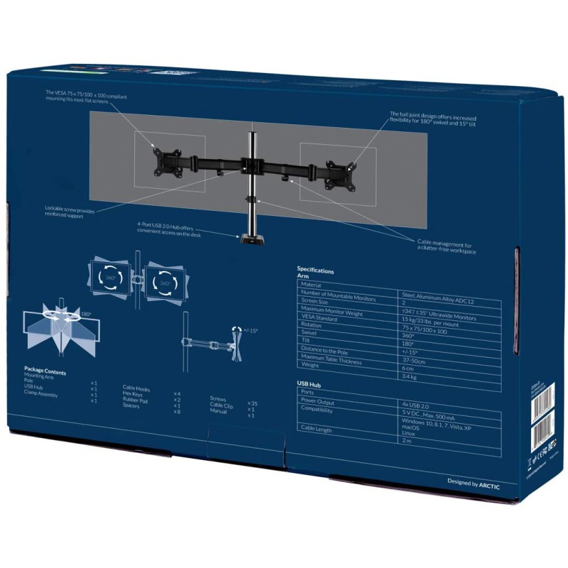 Arctic Z2 (Gen 3) - Dual Monitor Arm with 4-Port USB Hub in black color