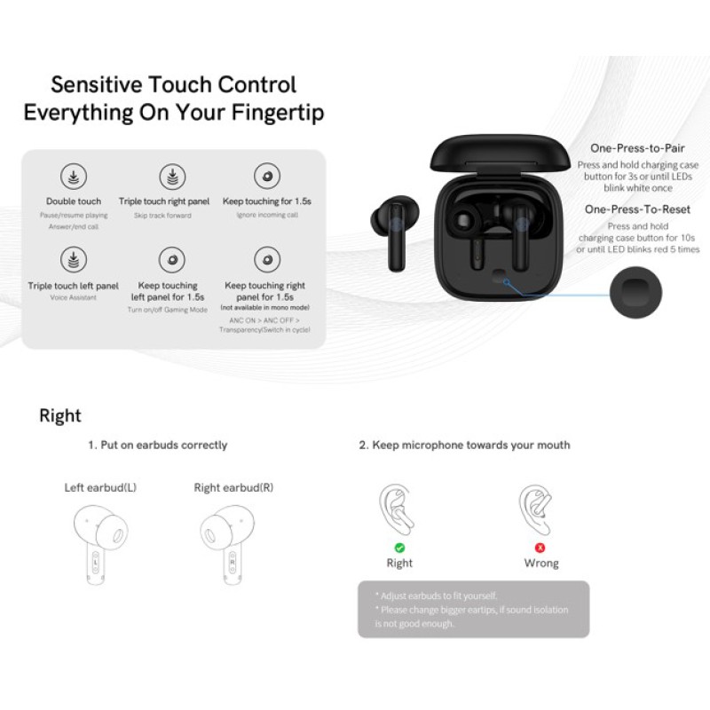 QCY T13 ANC White - TWS 10mm Dynamic Driver, 4-mic 28dB ANC, Bluetooth 5.3, 7hr-30hr, 75ms latency