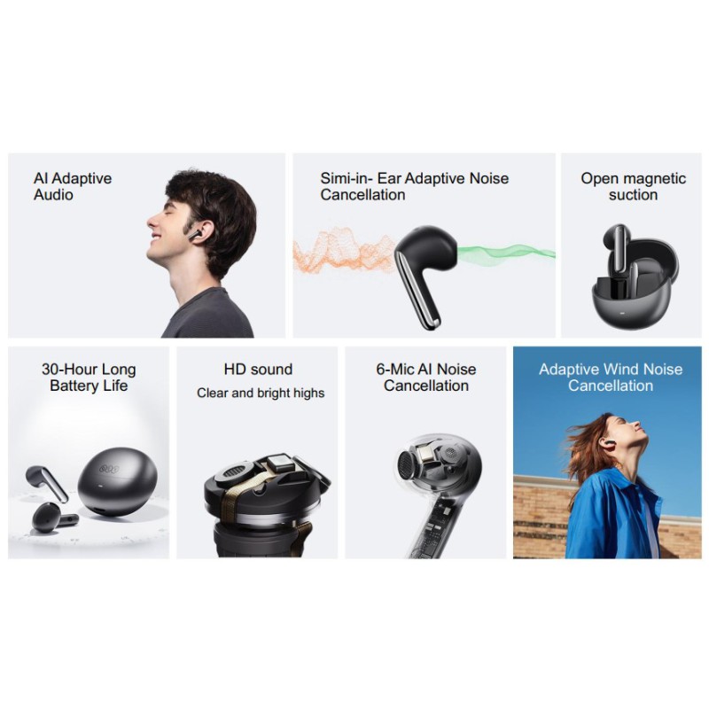 QCY AilyBuds Pro Semi-Ear ANC TWS Black 6 mic & A.I. Noise Cancel. LDAC Audio Ultra HD Multi-point
