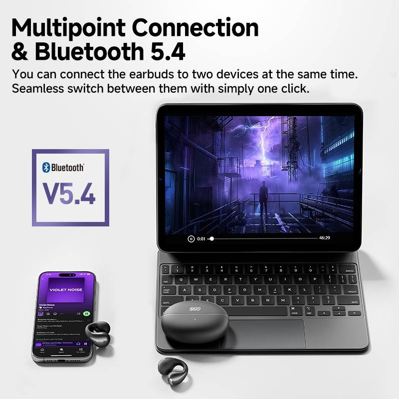QCY Crossky C30 Black Open Ear TPU Earclip, Bass Enhance Algo. BT 5.4 Dual Connection Earbuds 25h