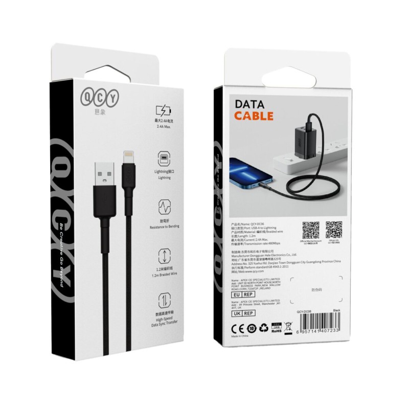 QCY USB-A to Lightning 20, 21.6W iPhone braided wire Cable Fast Charging & Data, 60W TPE+ 1,2m