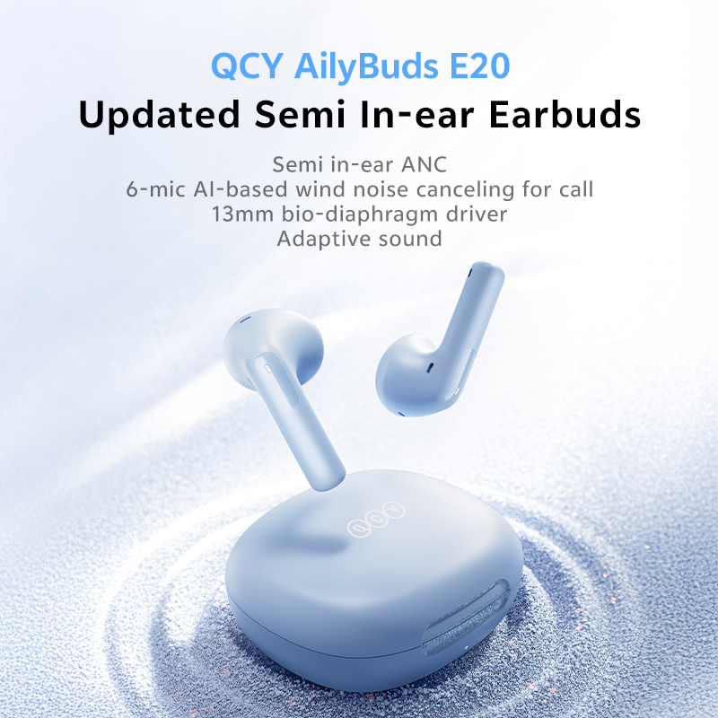 QCY AilyBuds E20 Black- Hybrid ANC Semi-Ear TWS earbuds 6mics 13mm dynamic driver IPX4 BT5.4 35h